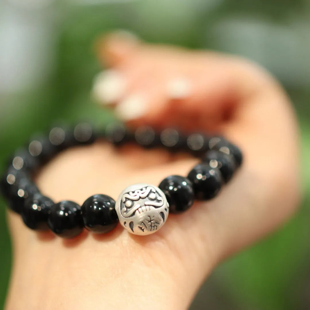 10mm black agate beads on sterling silver bracelet with Chinese style design