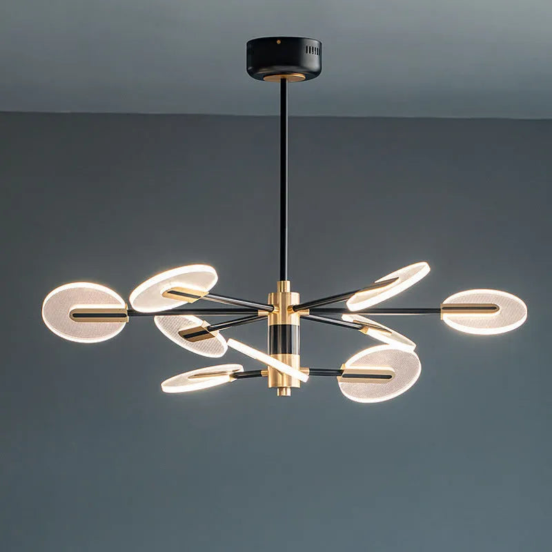 Nordic style iron frame LED chandelier with multiple heads and acrylic diffuser shades.