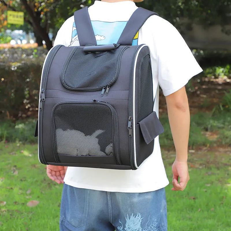 Outdoor portable backpack pet carrier in gray Oxford cloth with steel wire frame 35x28x42cm