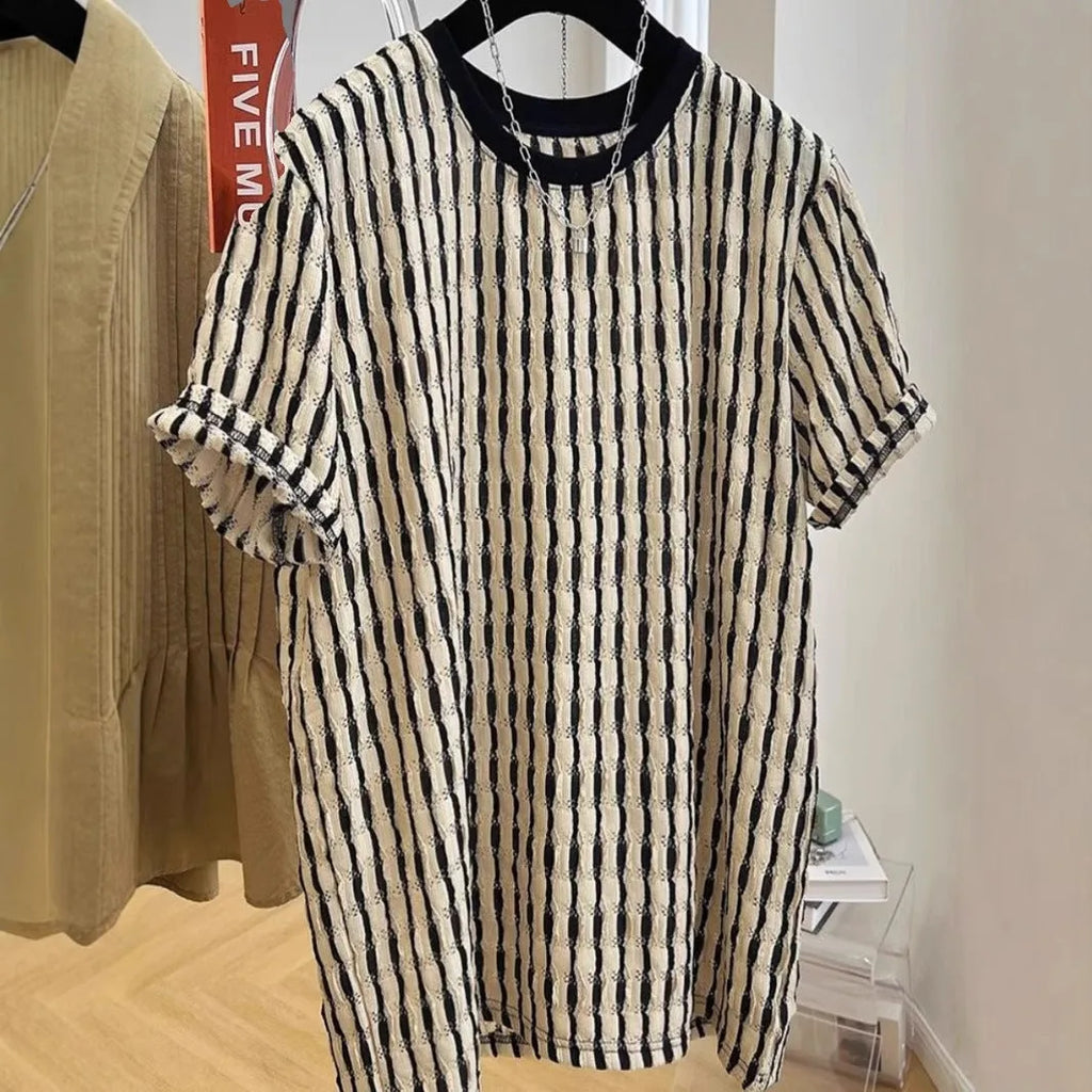 Men's black short sleeve shirt with stripes, loose linen silk blend pullover top