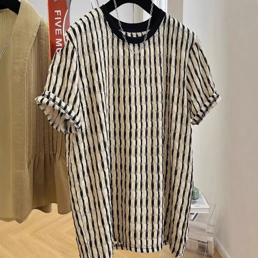 Men's black short sleeve shirt with stripes, loose linen silk blend pullover top