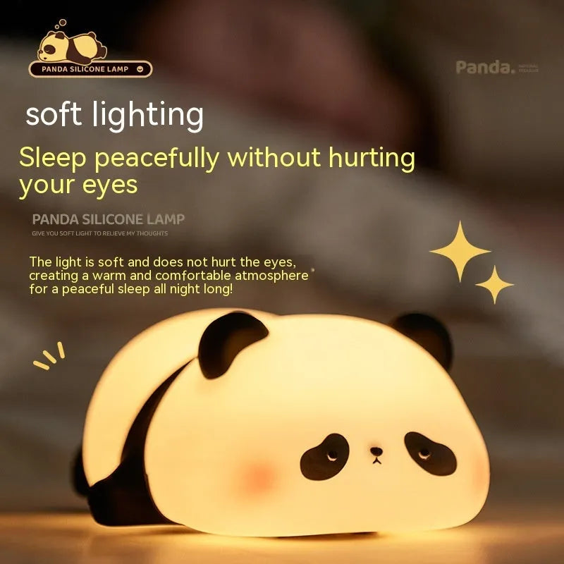 Cartoon panda-shaped night light with warm white glow, measuring 150x130x80mm