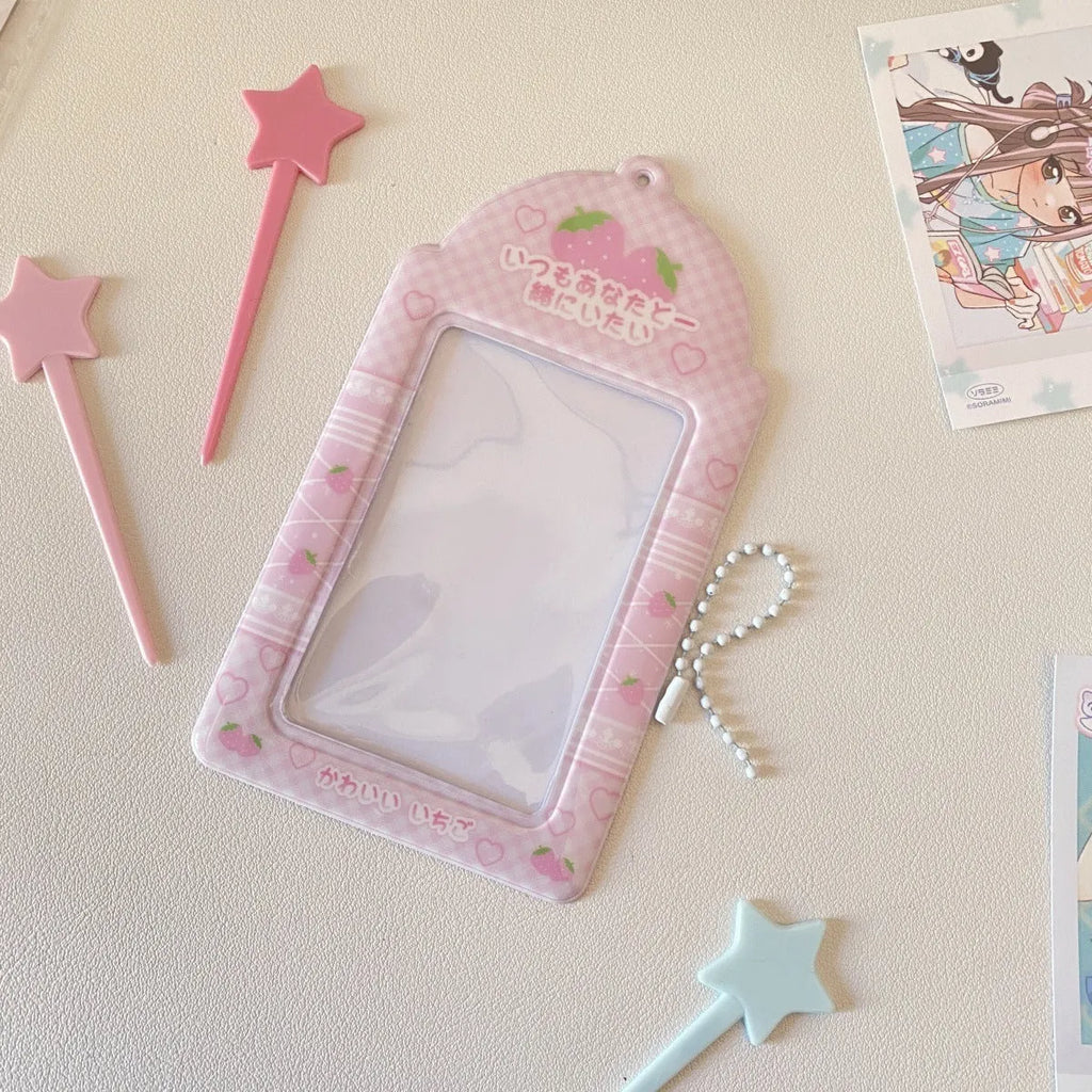 Cartoon strawberry or four-leaf clover PVC meal card holder measuring 7.6 x 13.6cm