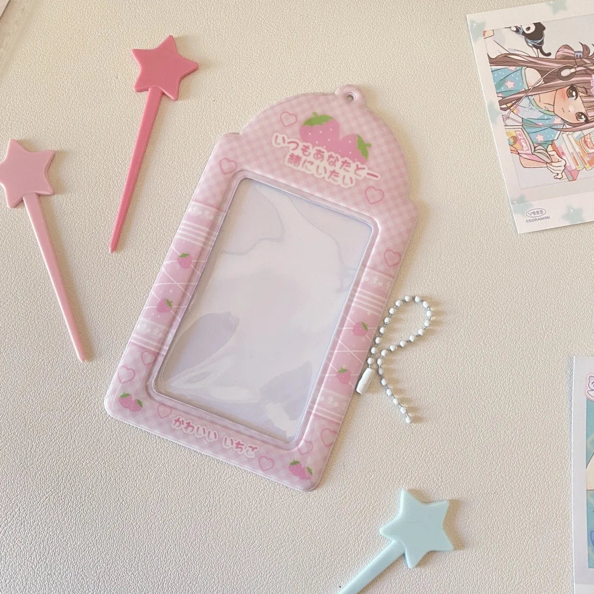 Cartoon strawberry or four-leaf clover PVC meal card holder measuring 7.6 x 13.6cm