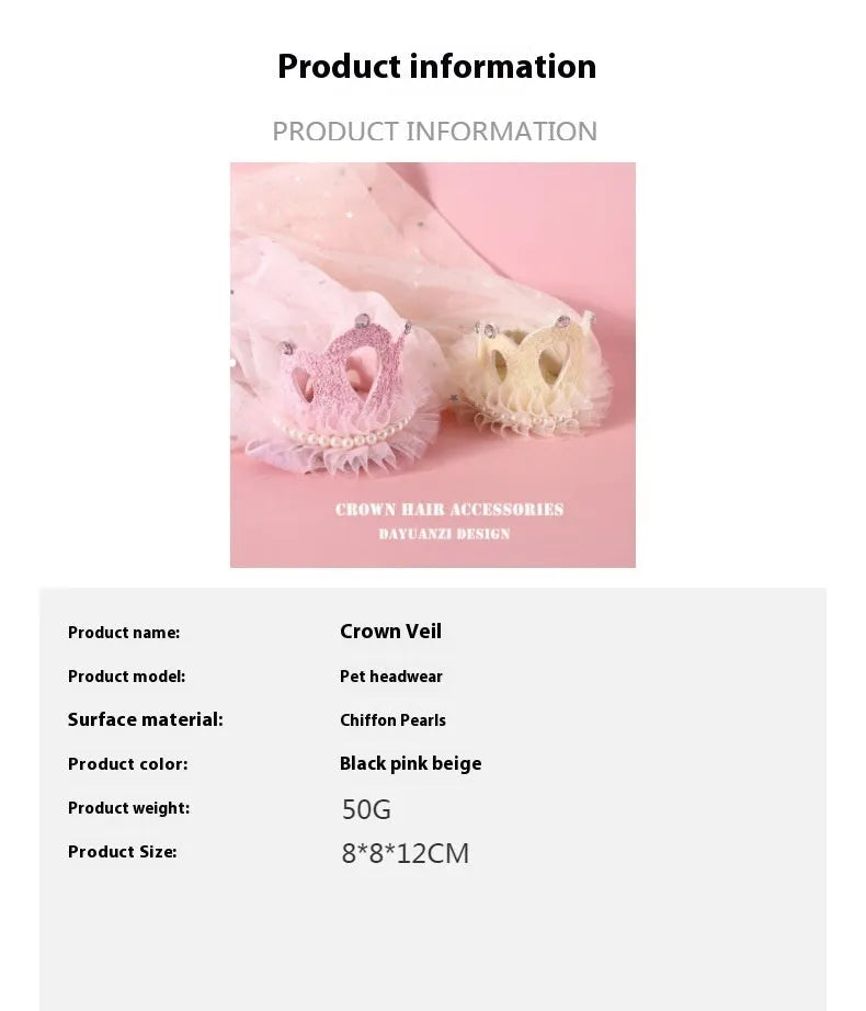 Pet princess crown headdress with beige veil on cat for wedding costume