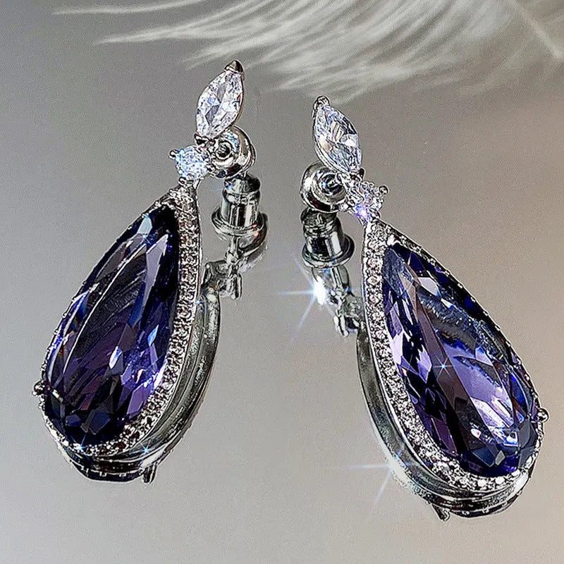 Micro-inlaid purple zircon long drop women bridal earrings with copper base