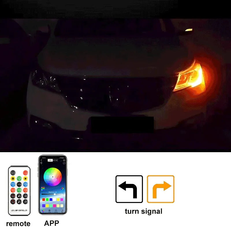 GM vehicle LED interior lighting kit showing flexible PVC strip with 12V connector and app control option