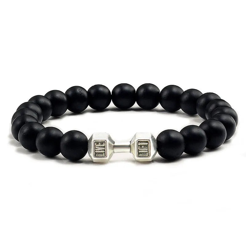 Men's 18cm alloy dumbbell bracelet with volcanic stone beads on elastic cord in volcanic black