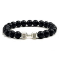 Men's 18cm alloy dumbbell bracelet with volcanic stone beads on elastic cord in volcanic black