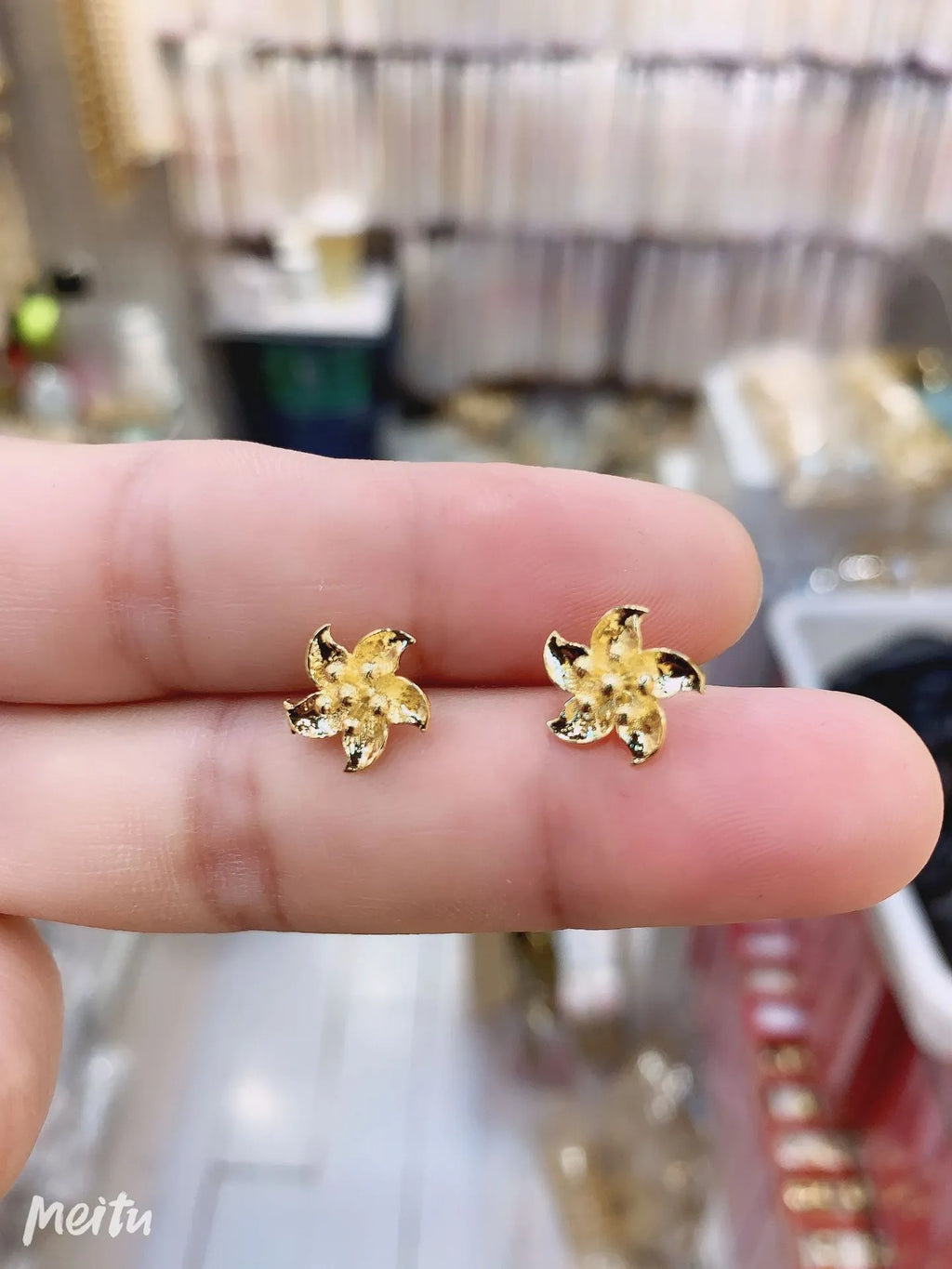 24K gold plated copper flower ear studs for women, bright gold finish