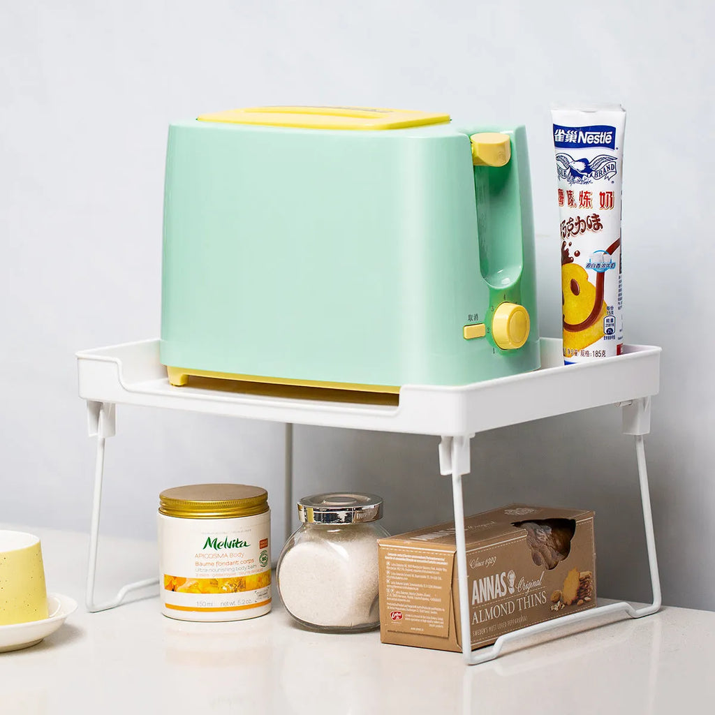 Plastic kitchen supplies rack organiser shelf in transparent and white options for countertop utensil storage