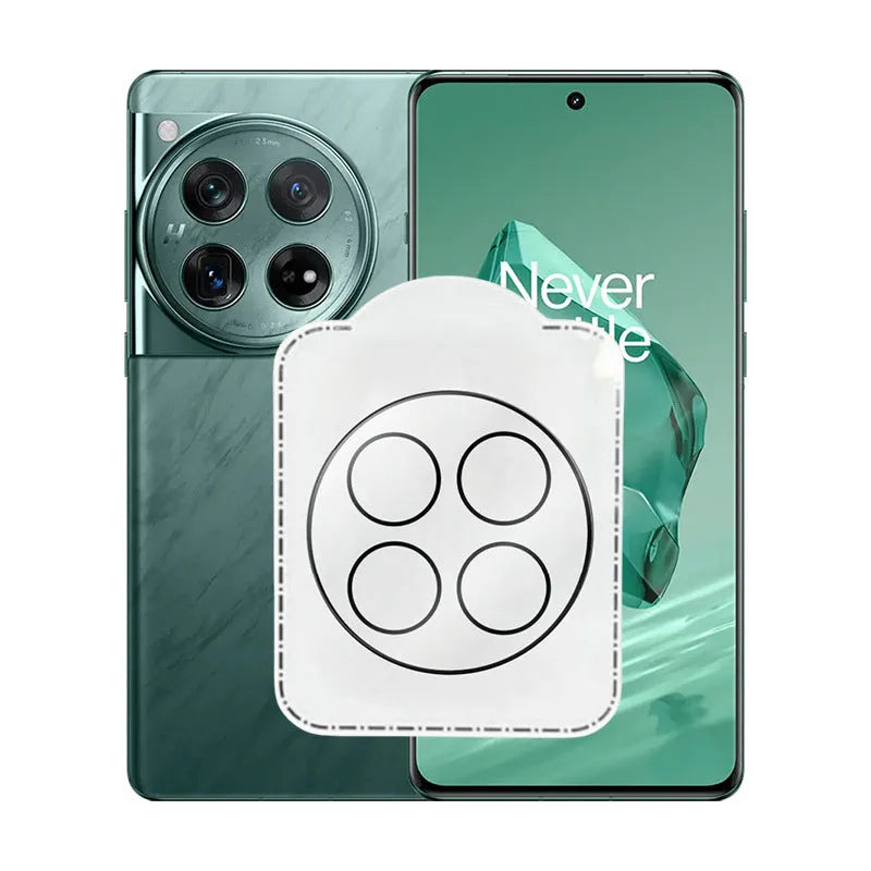 Tempered glass camera lens protector for OnePlus 12, Find N3, and OnePlus 11 phones with black ring design.