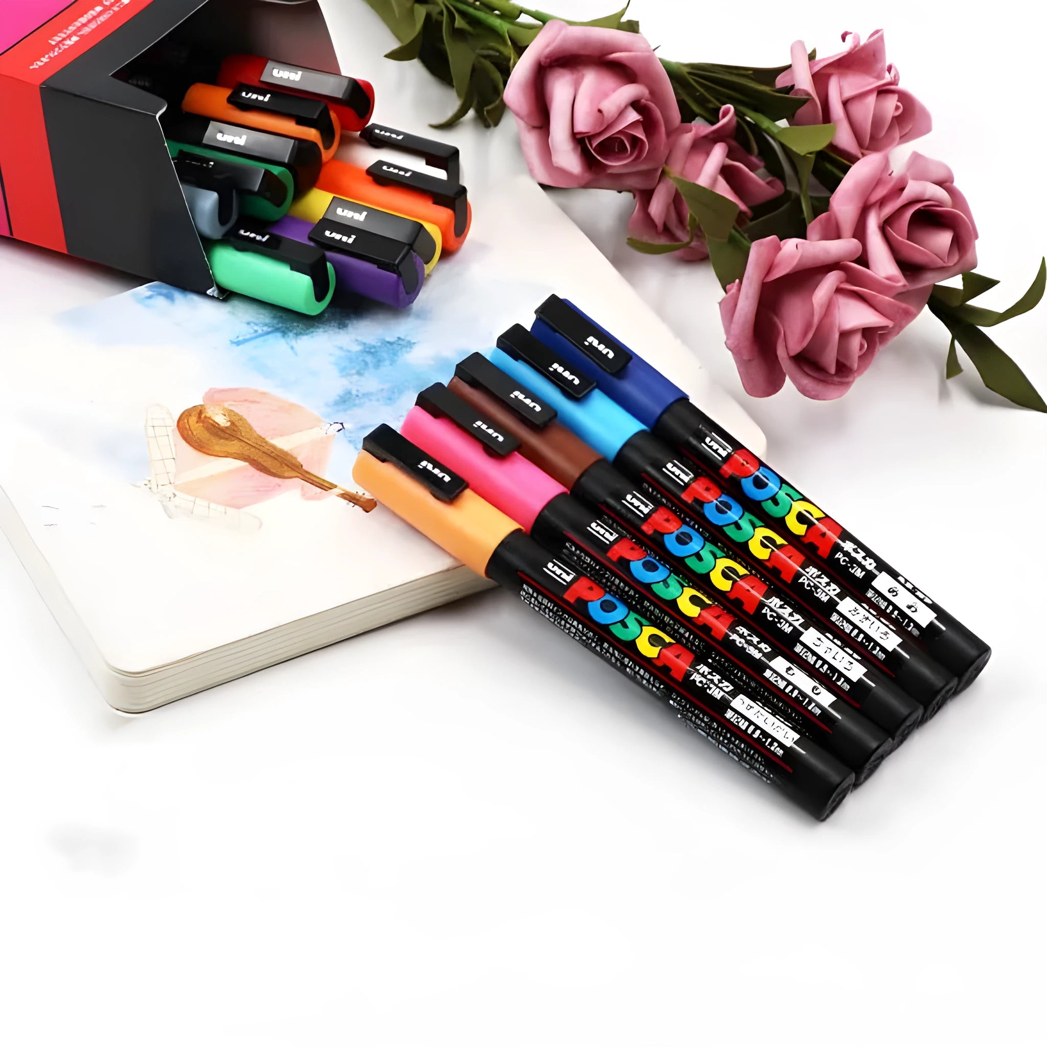 Set of 8 coloured acrylic doodle pens with plastic casing and 0.9-1.3mm tips