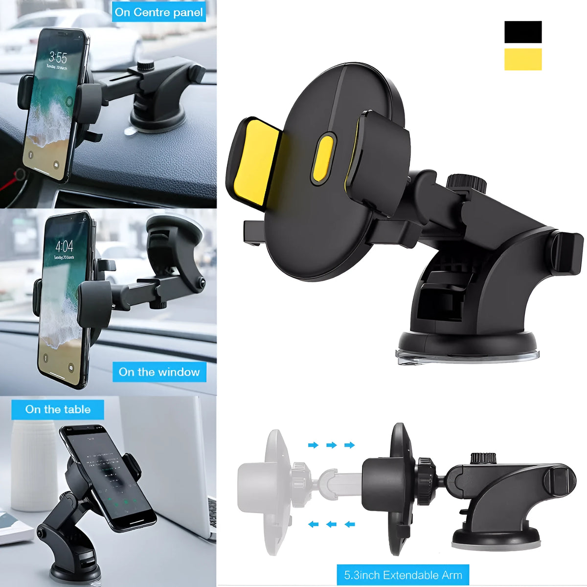 Yellow and black telescopic car phone holder with suction cup mounted on a car dashboard.