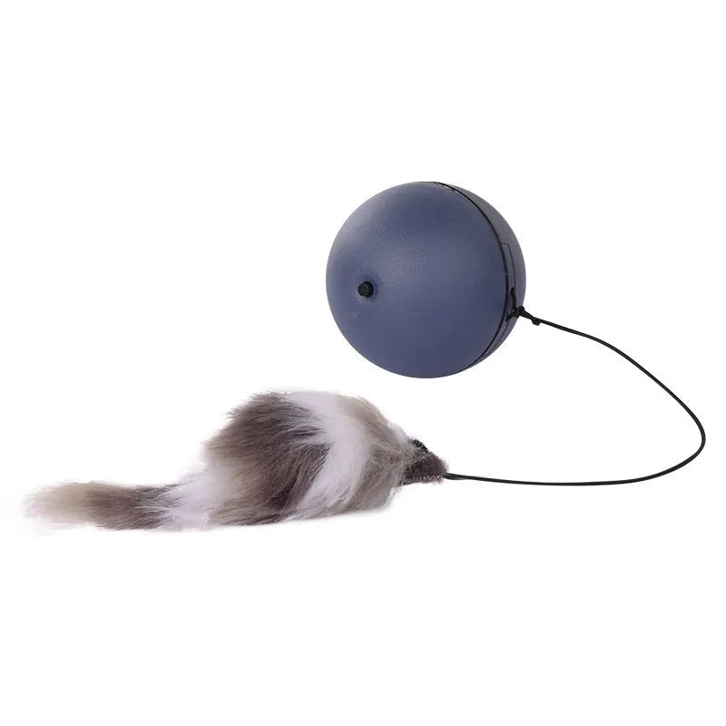 Interactive cat toy ball with plush mouse attachment in grey or orange colour
