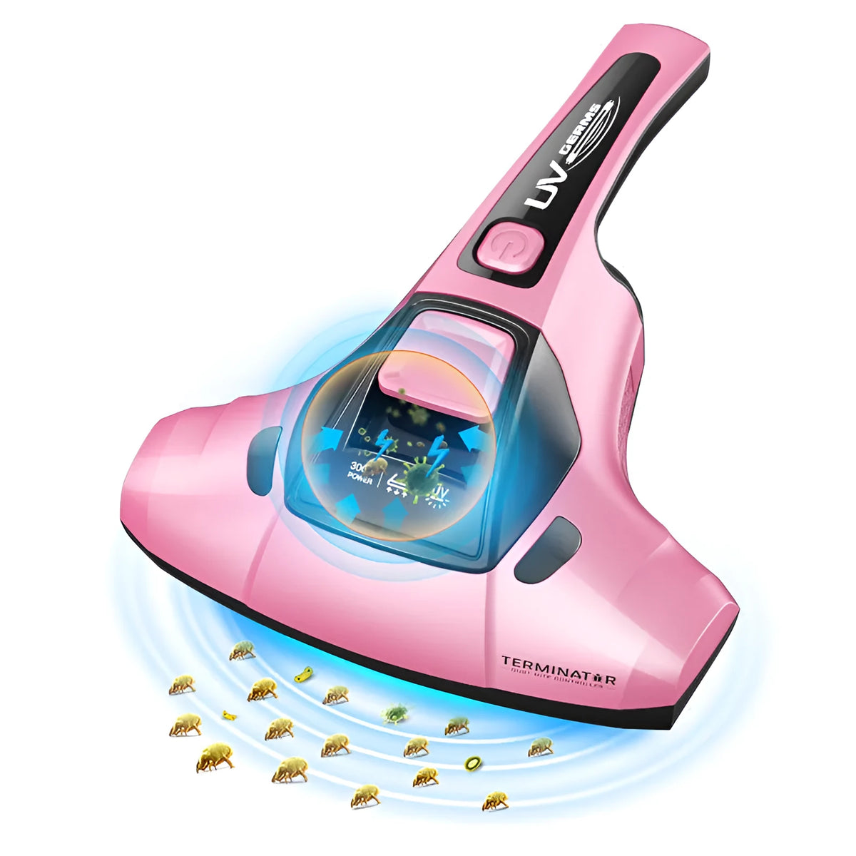 Pink handheld vacuum mite cleaner with motor unit and long cord on a grey sofa