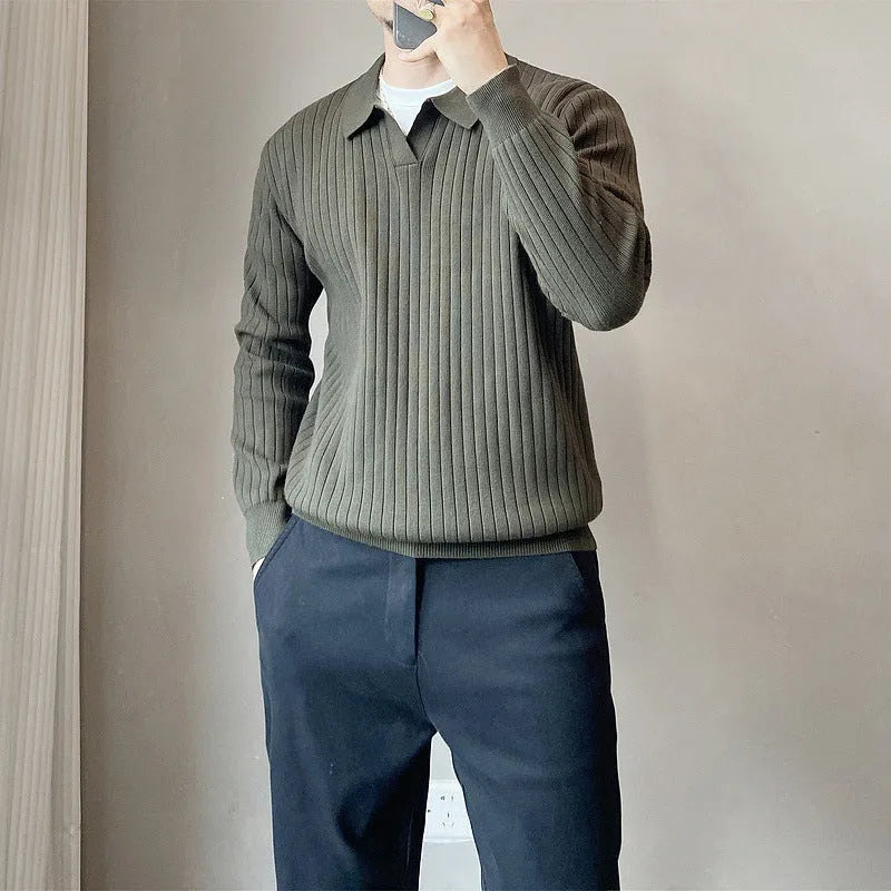 A boys' loose striped pullover sweater with a lapel collar, shown in a light grey colour.