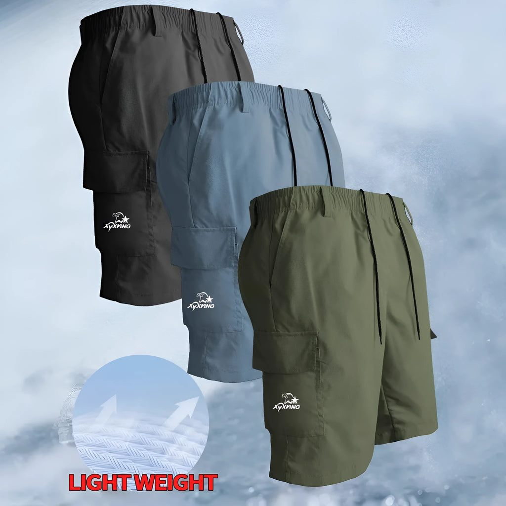 Man wearing loose straight-leg casual shorts in polyester fabric, available in black, blue, green, and khaki colours.