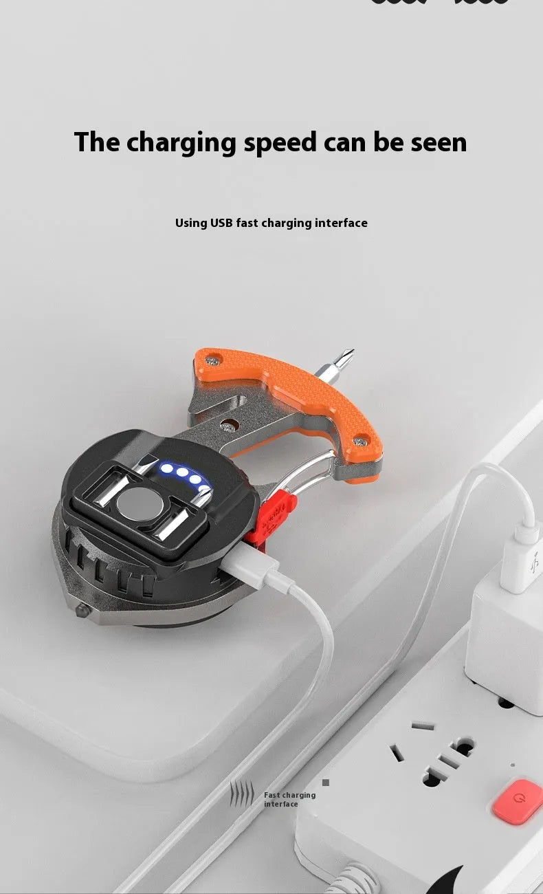 Portable keychain torch with window-breaking hammer, screwdriver, and smart display showing lighting modes