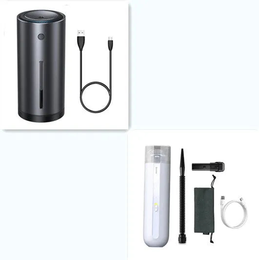 Baseus wireless handheld car vacuum cleaner in black, showing mini size and nozzle attachments.