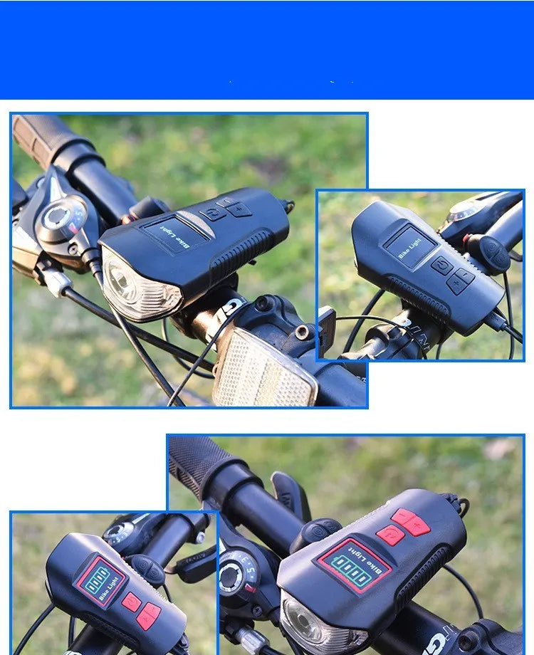 Strong LED bicycle front light with T6 wick, 350 lumens, USB rechargeable, ABS body, colour Black Blue