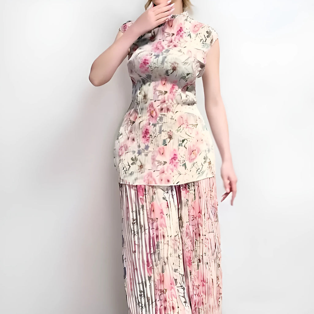 Women's long sleeve printed chiffon dress with high waist design, two-piece set with skirt and top