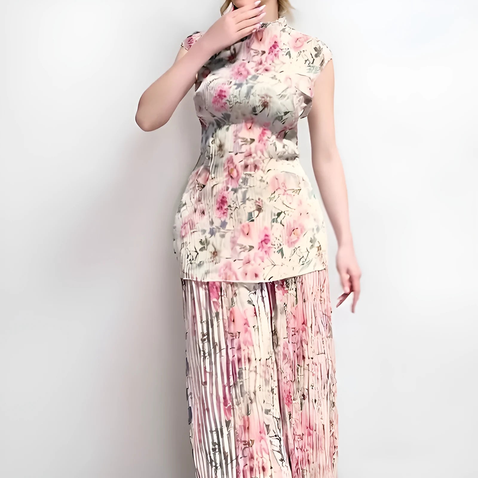 Women's long sleeve printed chiffon dress with high waist design, two-piece set with skirt and top