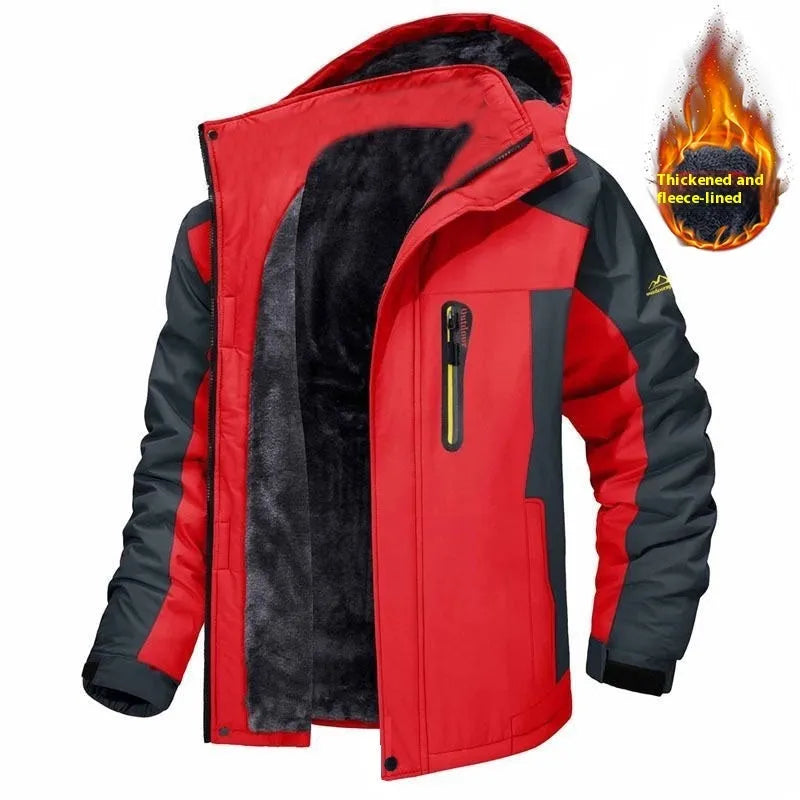 Men's mid-length fleece coat in black, polyester outer, coral fleece lining, non-ironing, sizes L to 5XL