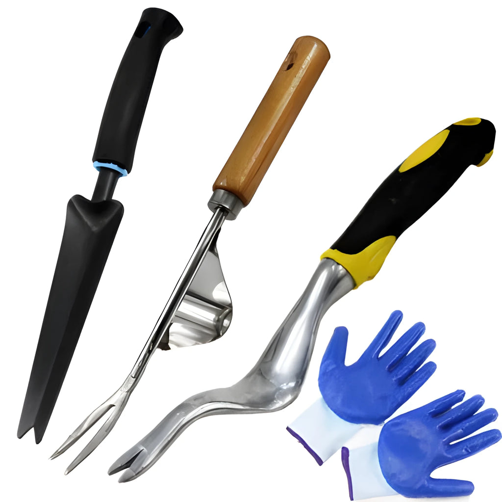 Aluminum alloy and wooden handle weeding tools set in yellow and black with rubber grip for garden use