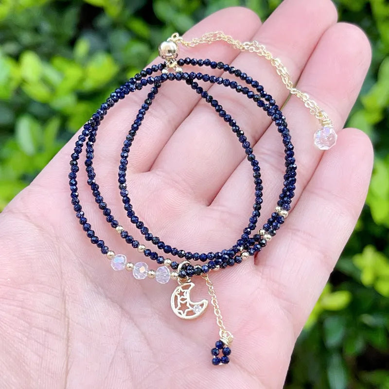 Blue gold sand stone three-ring multi-layer bracelet for women showing manual craftsmanship
