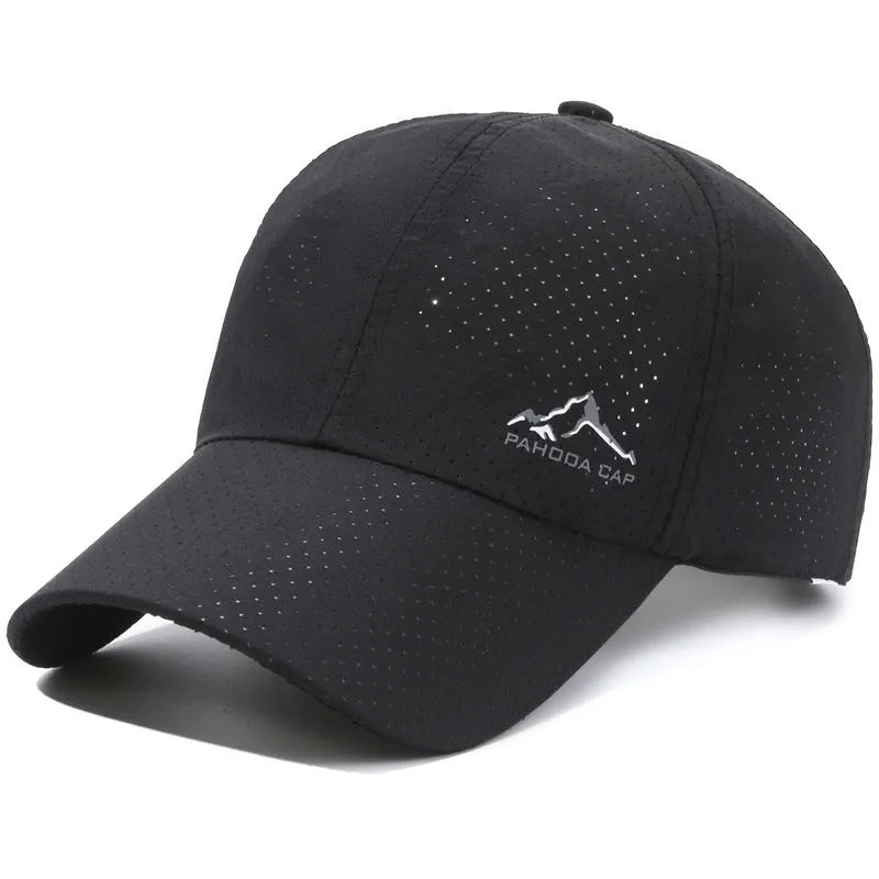Adjustable polyester baseball cap with dome crown on a white background.