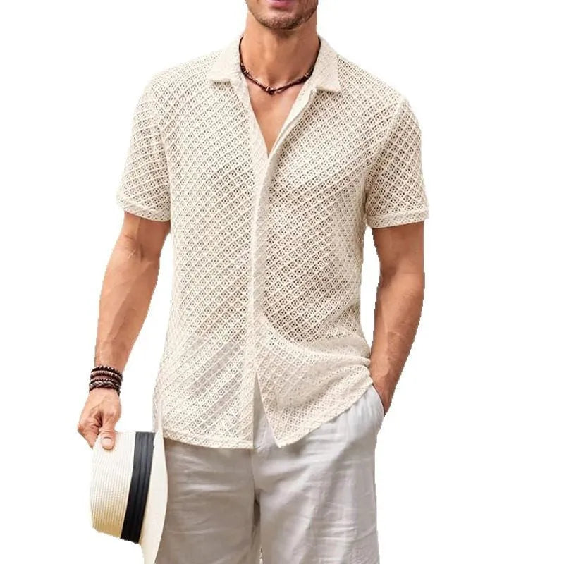 Men's mesh short sleeve lapel shirt in cotton blend polyester fabric