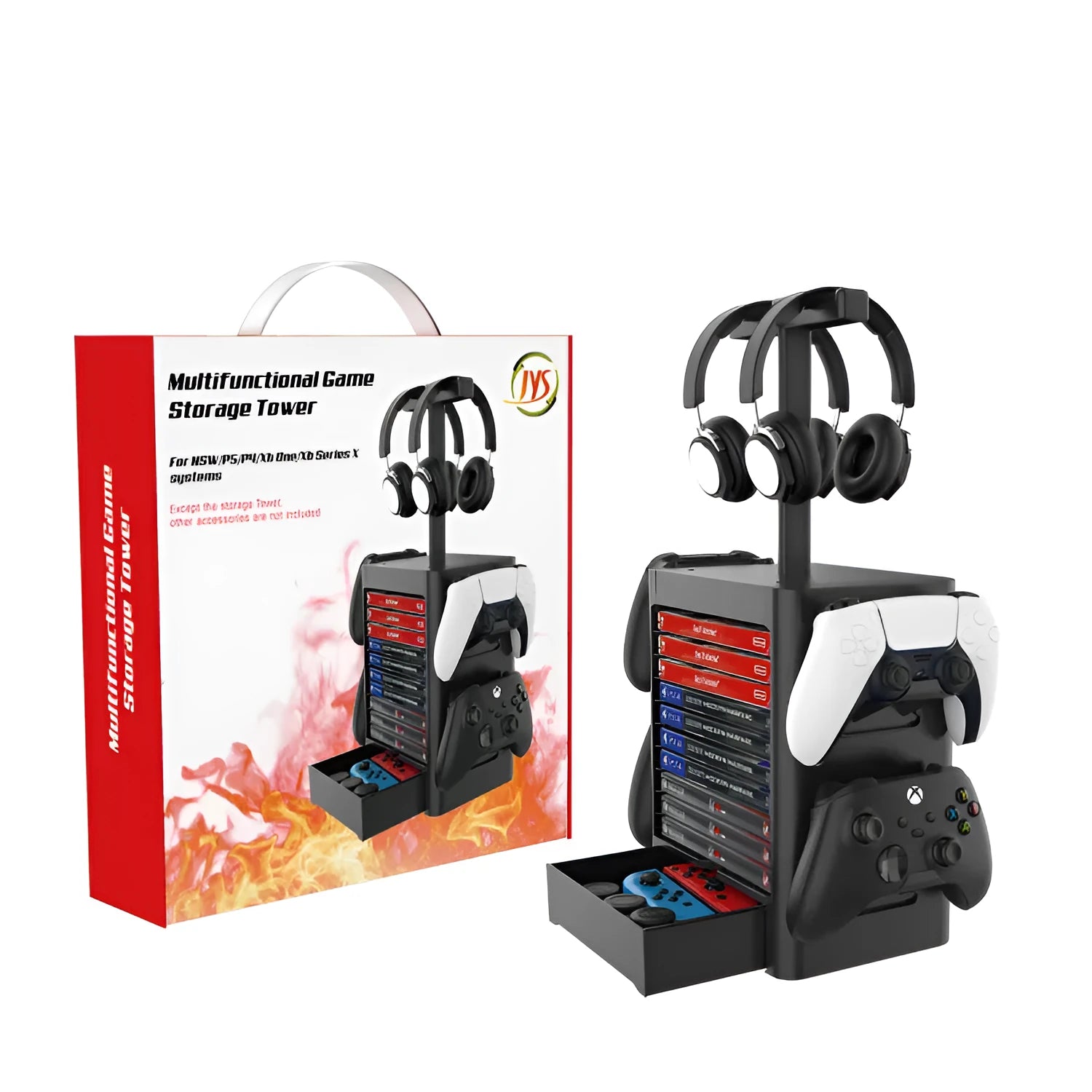 Black ABS plastic gaming console CD storage rack with headphone holder and pull-out drawer