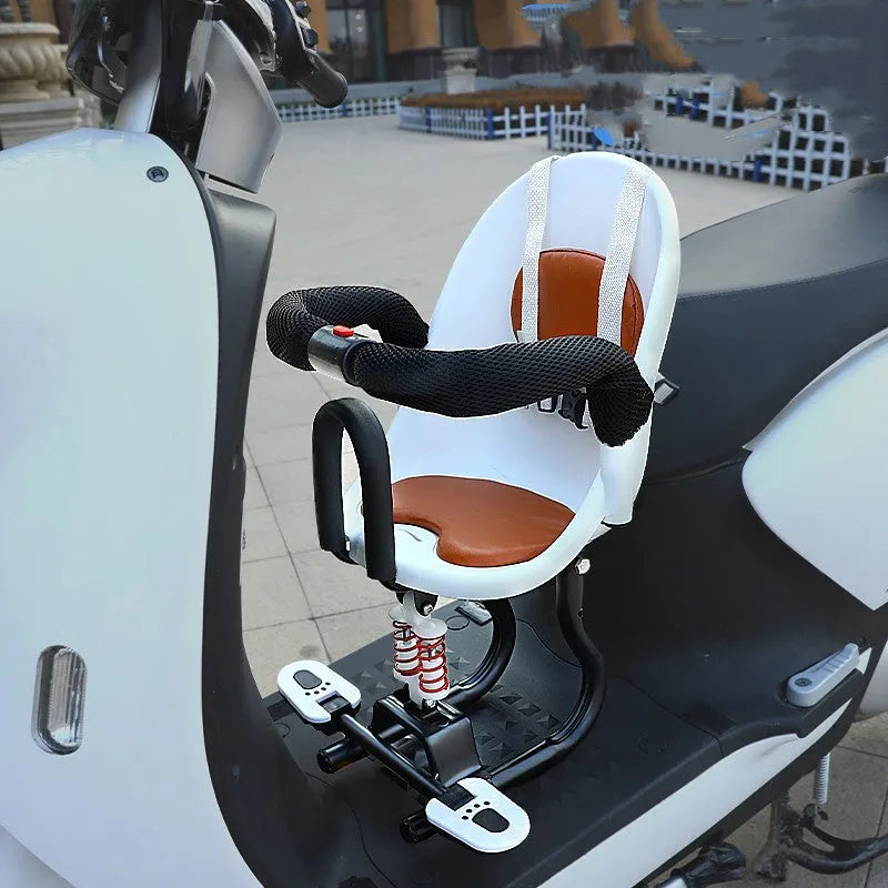 Front-mounted child safety seat for electric scooters in black, red or white with high carbon steel frame
