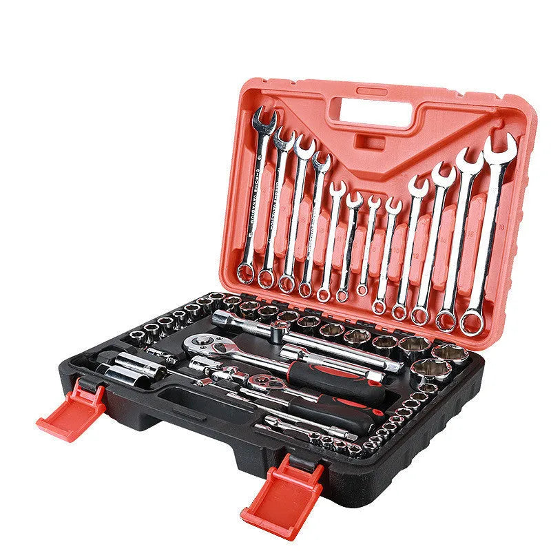 61-piece chrome vanadium steel auto repair socket and wrench set in a carrying box