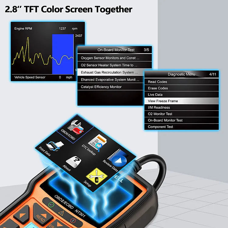 Orange handheld vehicle diagnostic tool with 2.8 inch TFT colour screen and multi-protocol support