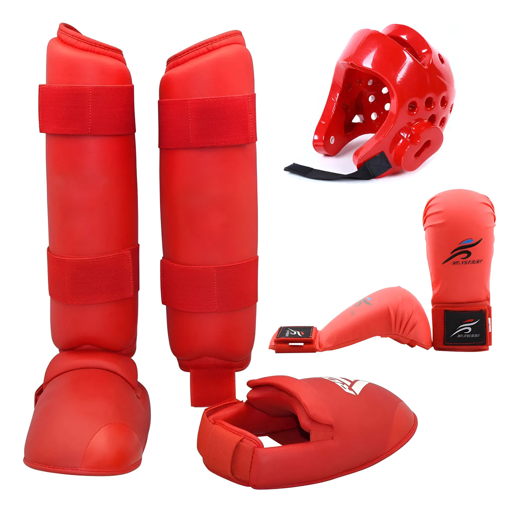 Martial arts protective gear set with red leg guards, helmet, and boxing gloves for karate training