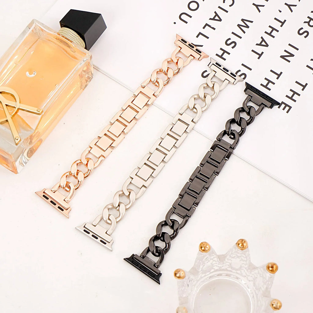 Metal denim chain watch strap for Apple Watch in silver, black, gold, rose gold and starlight colours