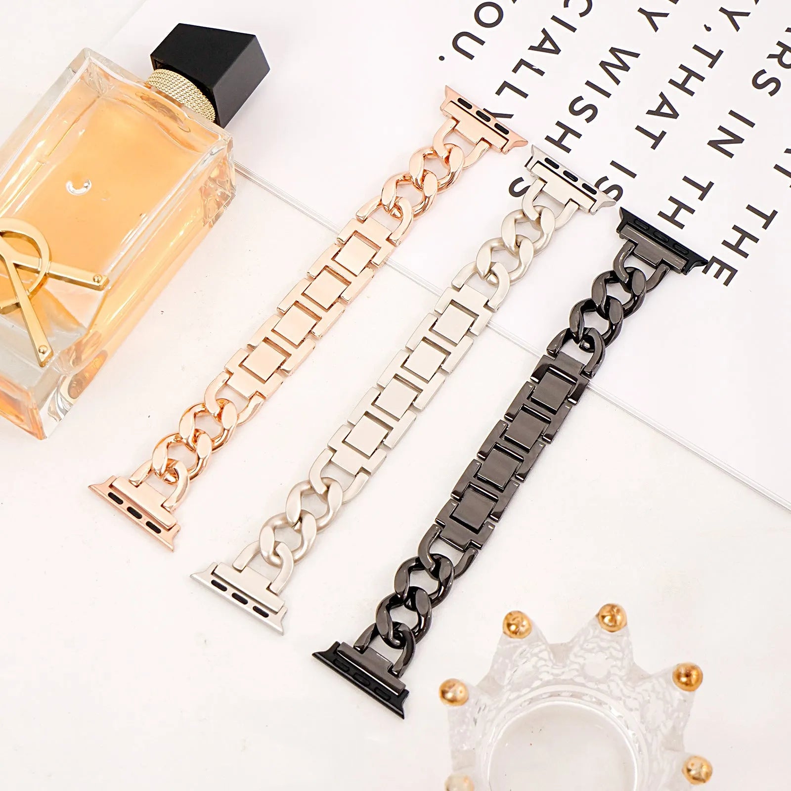 Metal denim chain watch strap for Apple Watch in silver, black, gold, rose gold and starlight colours