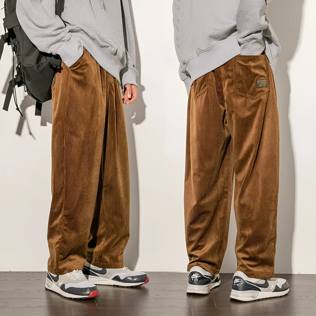 Corduroy men's wide-leg trousers in black, plain fabric, mid-waist style