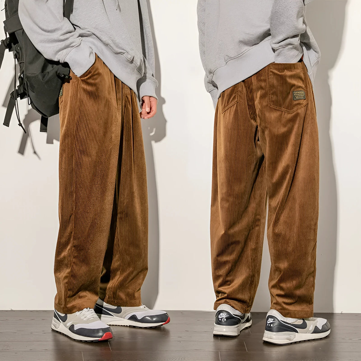 Corduroy men's wide-leg trousers in black, plain fabric, mid-waist style