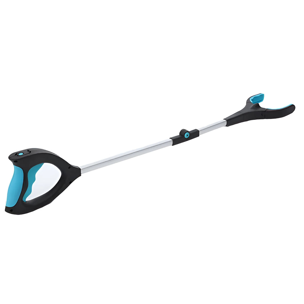 Blue foldable portable pickup trolley with aluminium frame shown extended and folded to 13cm width.
