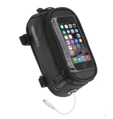 Roswheel PVC bicycle frame bag in black holding an iPhone mounted on a bike frame