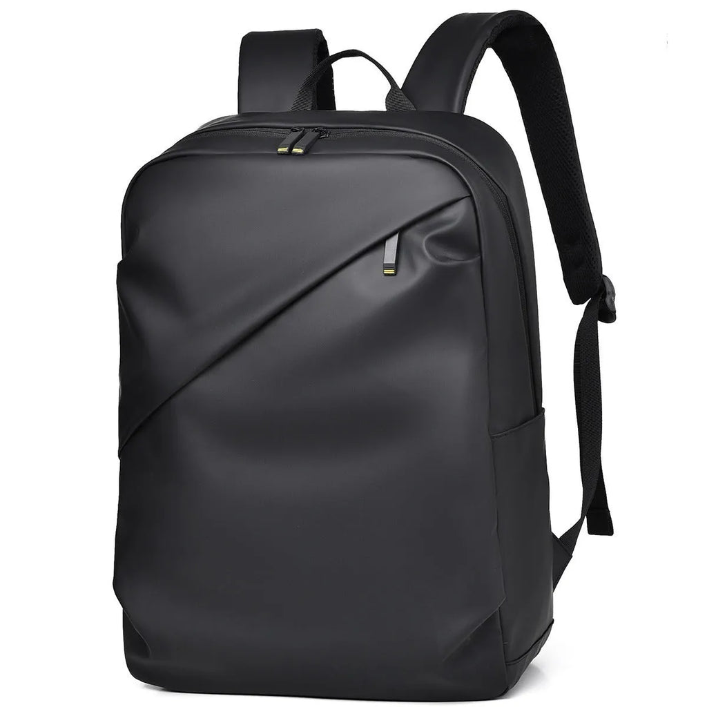 Men's large capacity waterproof backpack in black colour showing PU leather construction and computer bag accommodation