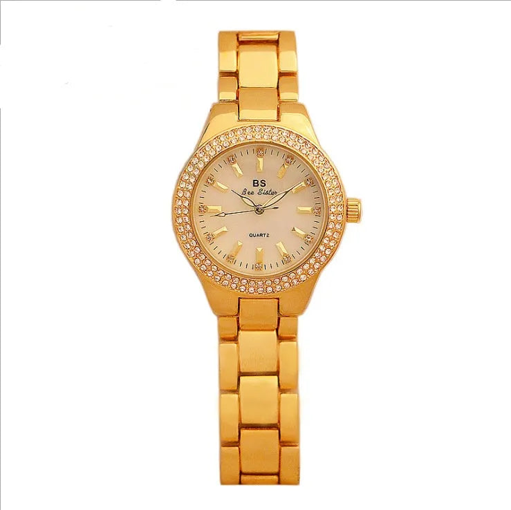 Ladies' linked watch with full diamond-set dial, 3.5cm case, 1.5cm band, gold or silver vacuum-plated finish.