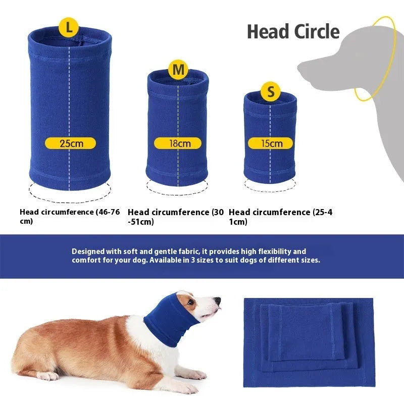 Blue polyester dog headband scarf comforter laid flat, showing its casual bandana shape and size.
