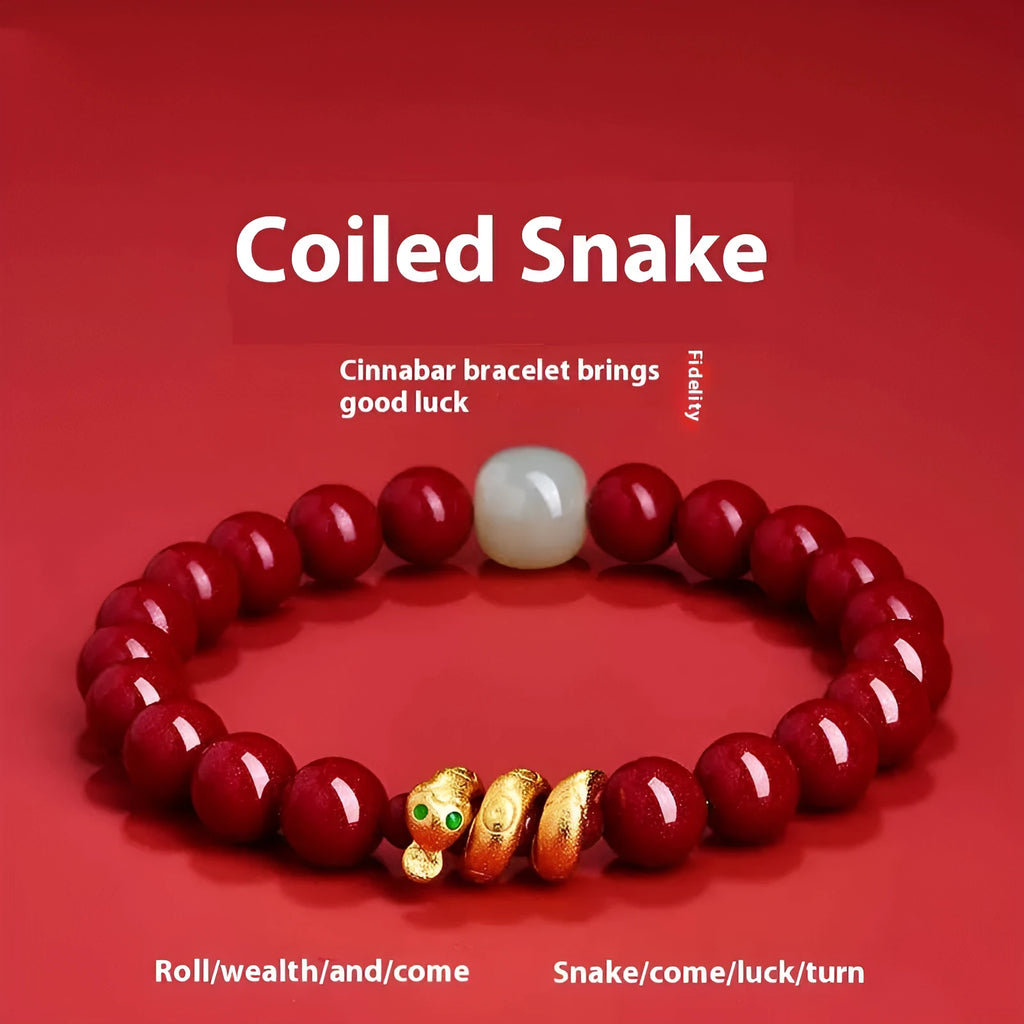 Handmade Chinese style cinnabar bracelet with snake zodiac beads in 6mm or 8mm diameter options