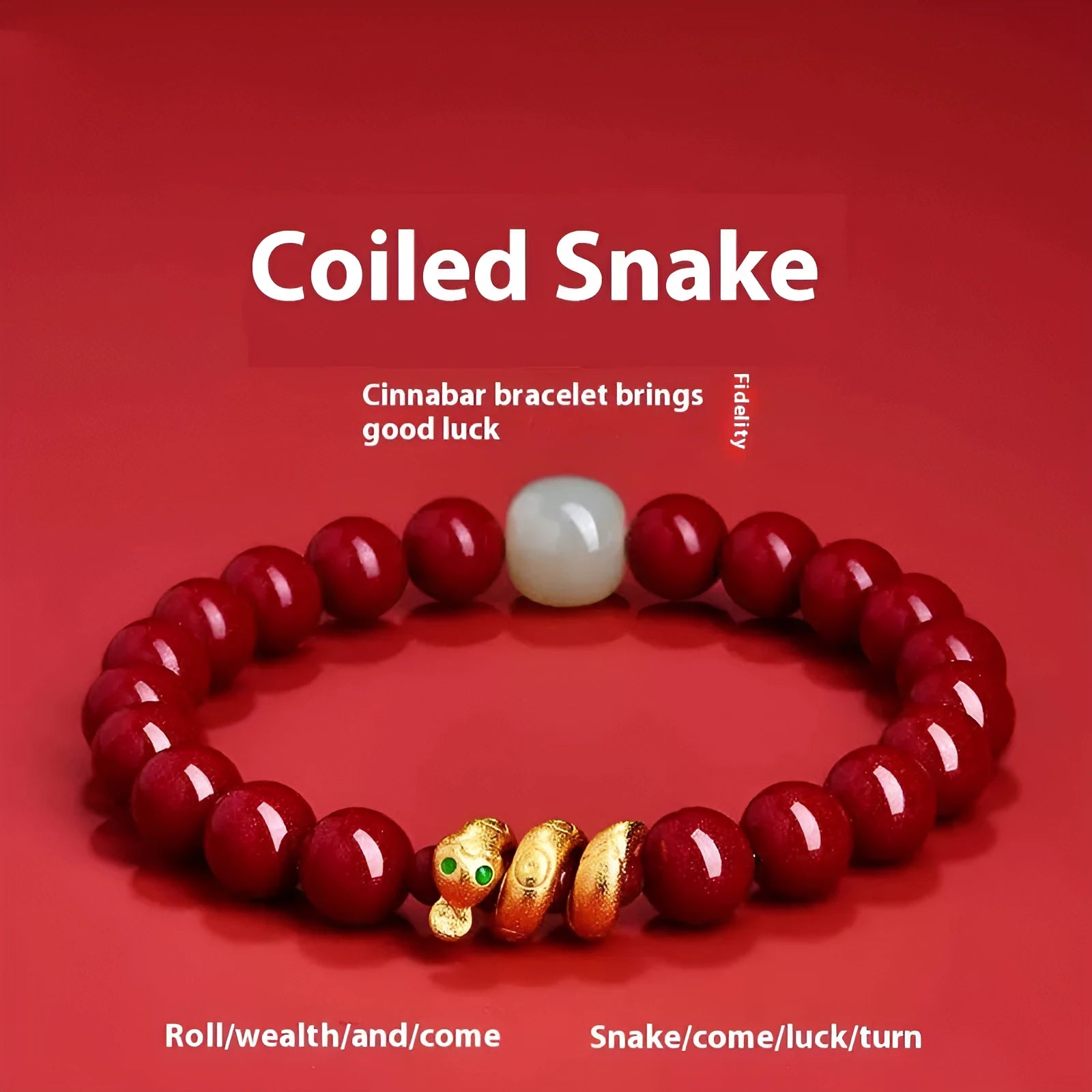Handmade Chinese style cinnabar bracelet with snake zodiac beads in 6mm or 8mm diameter options