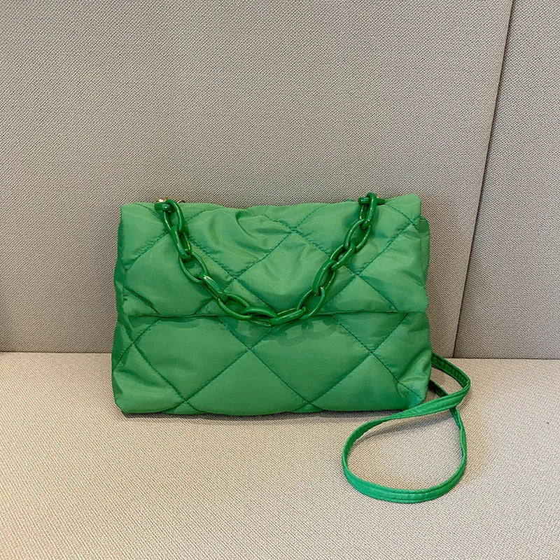 Nylon handbag with chain diagonal cross texture diamond grid, horizontal square shape, available in four colours