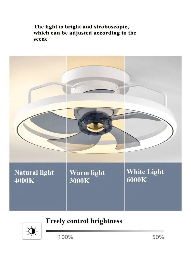 Modern ceiling fan lamp with light showing white finish and acrylic shade